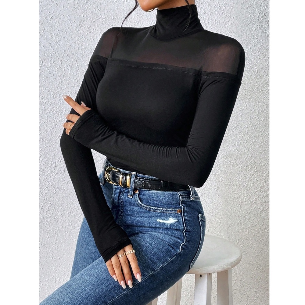Black Long Sleeve Slim Fit High Stretch Top Sheer Mesh Insert Tee Shirt - Picture 5 of 7